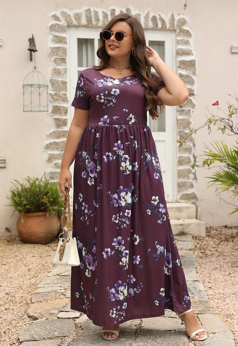 Nemidor Plus Size Maxi Dresses for Curvy Women Summer Casual Loose Short Sleeve Long Beach Dress with Pocket(149,18,Red Bean+Print) - Image 5